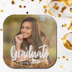 Assiettes En Carton Graduate Photo Bold Script Custom Graduate Party