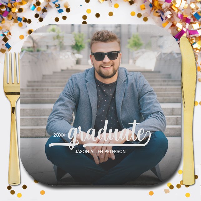 Assiettes En Carton Graduate Photo Bold Script Graduation Party (Bold white script graduate on your photo personalized graduation party paper plates)