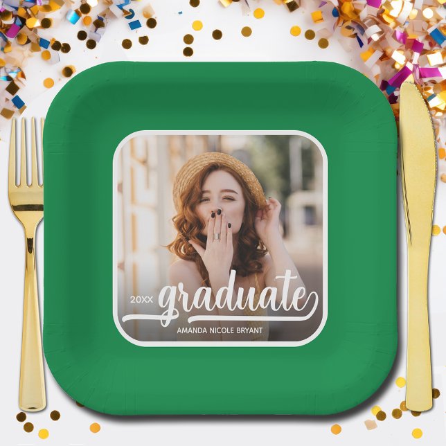 Assiettes En Carton Graduate Photo Bold Script Green Graduation (Photo graduation green square paper plates)