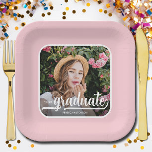 Assiettes En Carton Graduate Photo Bold Script Pink Graduation