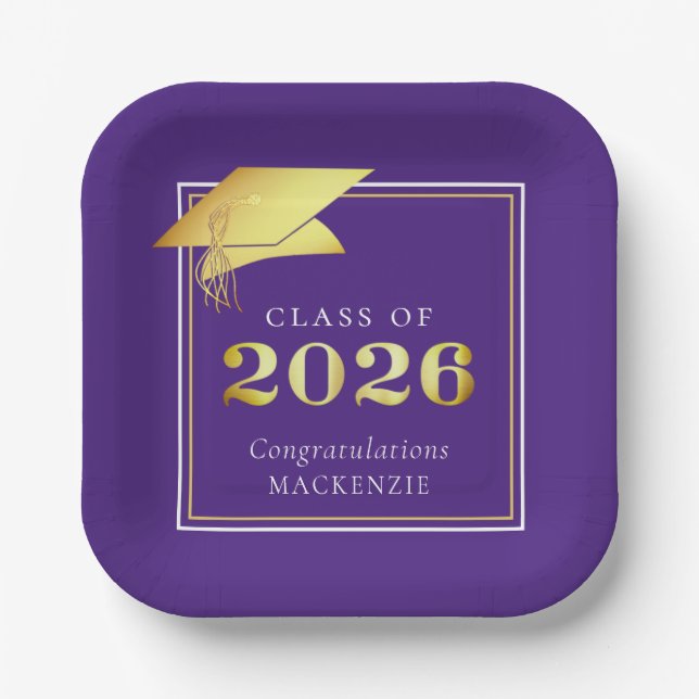 Assiettes En Carton Graduation 2024 Purple Faux Metallic Gold (Recto)
