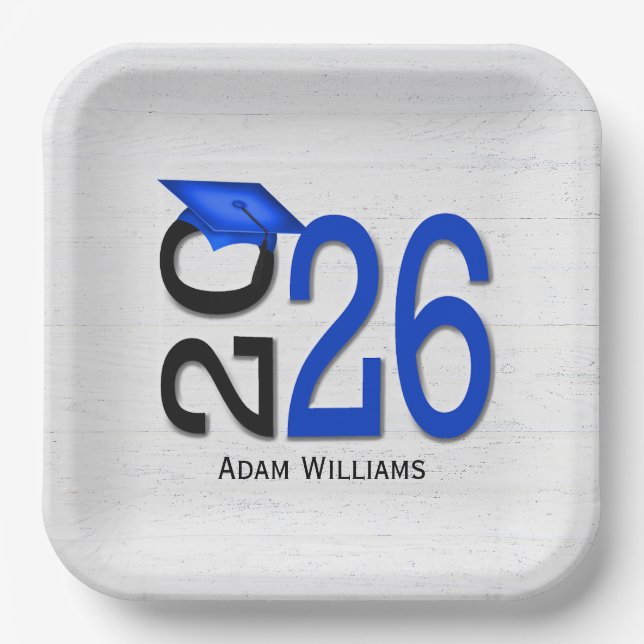 Assiettes En Carton Graduation 2025 Bleu et noir sur bois (Recto)