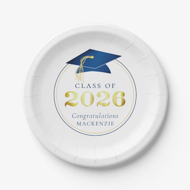 Assiettes En Carton Graduation 2025 Faux Metallic Blue Gold (Devant)