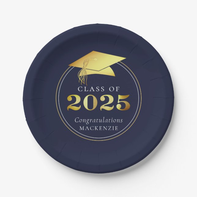 Assiettes En Carton Graduation 2025 Faux Metallic Navy Blue Gold (Devant)