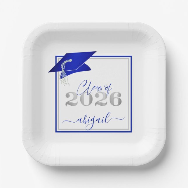 Assiettes En Carton Graduation 2025 Faux Metallic Royal Blue Argent (Recto)