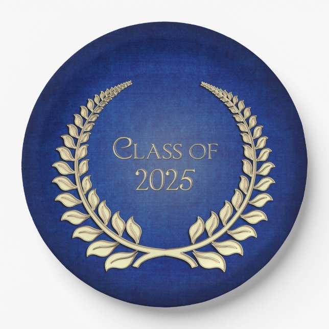 Assiettes En Carton Graduation 2025 Gold Laurel Wreath On Blue (Devant)