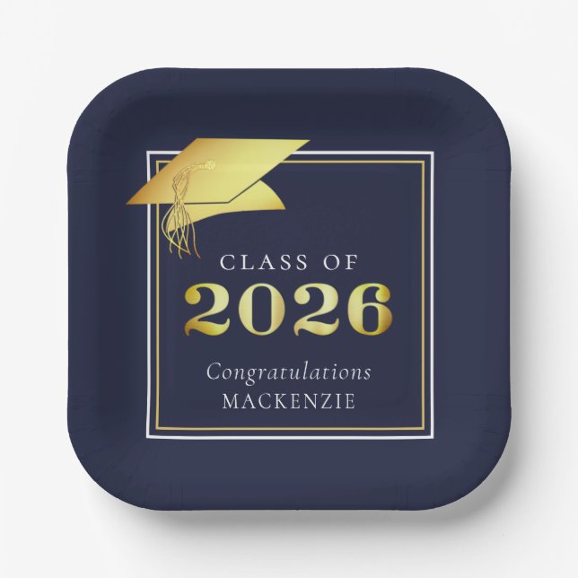 Assiettes En Carton Graduation 2025 Marine Blue Faux Metallic Gold (Recto)
