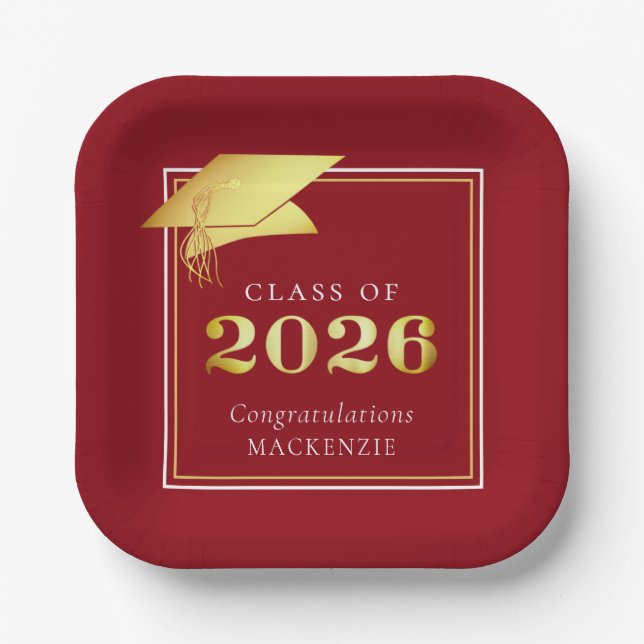 Assiettes En Carton Graduation 2025 Red Faux Metallic Gold (Recto)