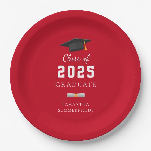 Assiettes En Carton Graduation 2025 Red White Grad Custom (Devant)
