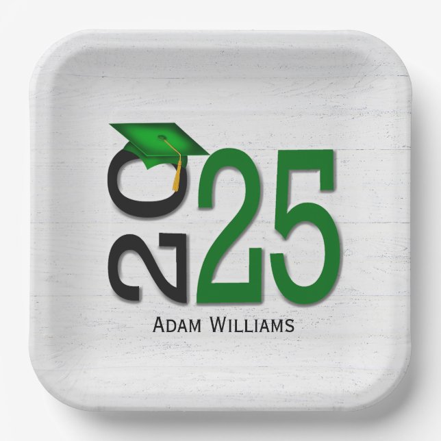 Assiettes En Carton Graduation 2025 Vert et noir sur bois (Recto)