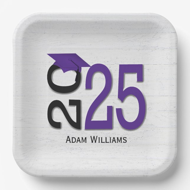 Assiettes En Carton Graduation 2025 violet et noir sur bois (Recto)