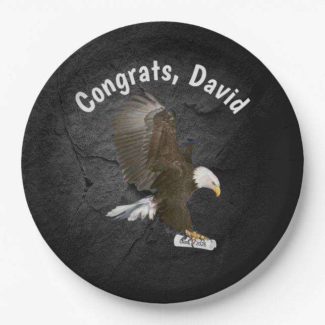 Assiettes En Carton Graduation 2026 Bald Eagle with Diploma and Name (Devant)