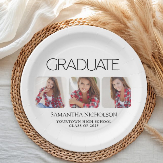 Assiettes En Carton Graduation 3-Photo Moderne (Modern white 3 photo graduation party paper plate)