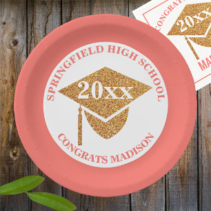 Assiettes En Carton Graduation Coral Rose Gold Party