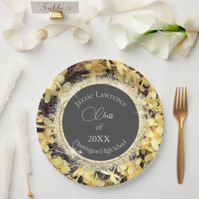 Assiettes En Carton Graduation Florale Jaune Personnalisée (Mariage)