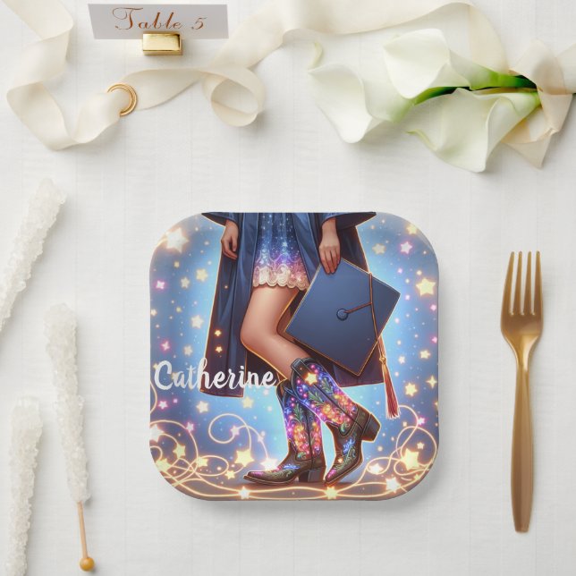 Assiettes En Carton Graduation Girl with Cowboy Boots Custom (Mariage)