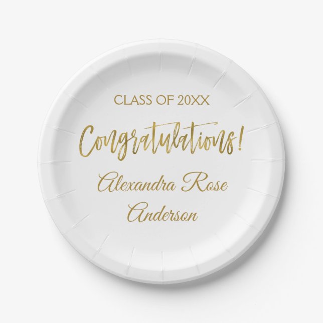 Assiettes En Carton Graduation Gold Foil et White Félicitations (Devant)