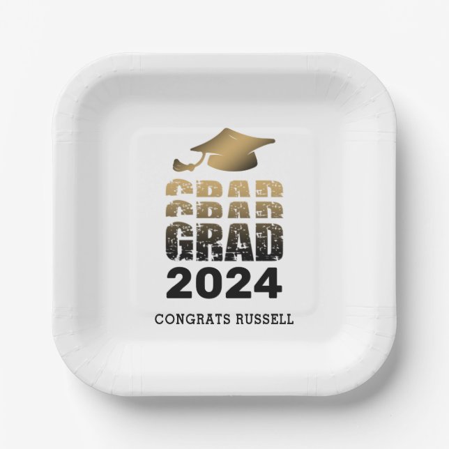 Assiettes En Carton Graduation moderne GRAD Année Black Gold (Recto)