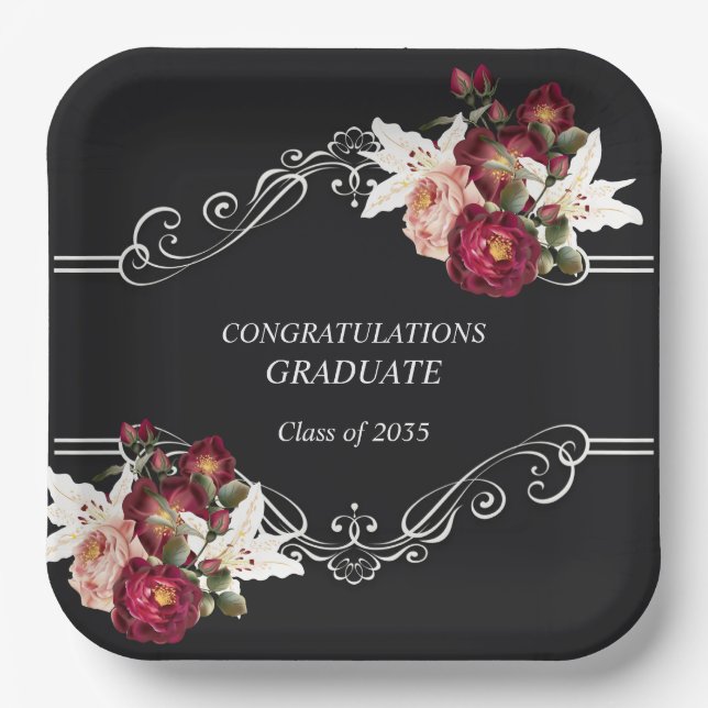 Assiettes En Carton Graduation Noir Joli Rouge Roses Lys (Recto)
