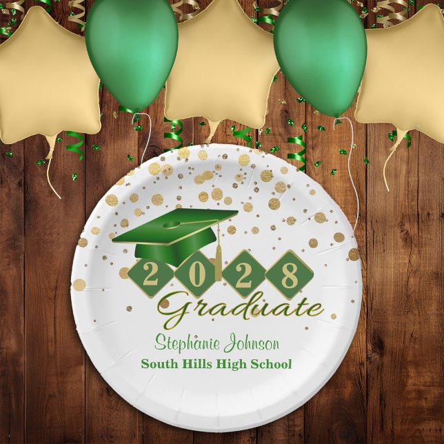 Assiettes En Carton Graduation Party Green & Gold 20XX (Graduation Party Green & Gold  Paper Plates)
