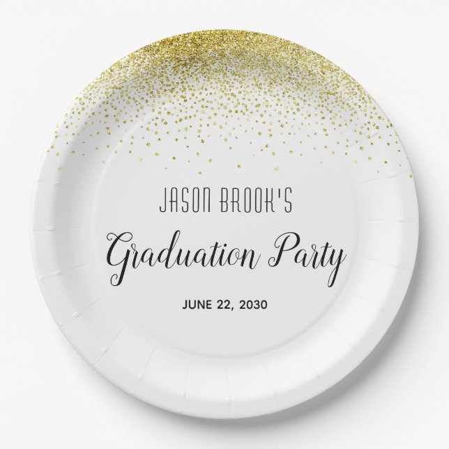 Assiettes En Carton Graduation Party Platinum Gold Confetti sur blanc (Devant)