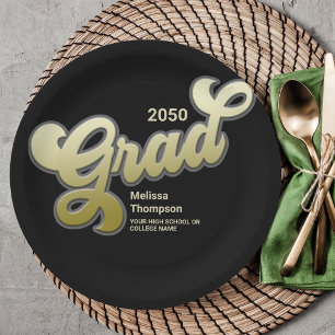 Assiettes En Carton Graduation Retro Black Gold Party Personnalisé
