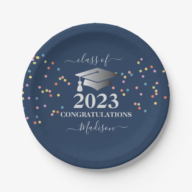 Assiettes En Carton Graduation Royal Blue Confetti Argent initial (Devant)