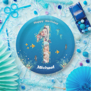 Assiettes En Carton Grand 1er anniversaire sous la mer Photo Collage