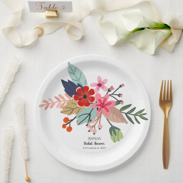 Assiettes En Carton Grand bouquet rouge rose fleurs d'été (Mariage)