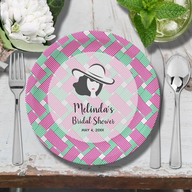 Assiettes En Carton Grand chapeau Derby Baby Shower (Big Derby hat lady on hot pink and green diagonal stripes bridal shower paper plates)