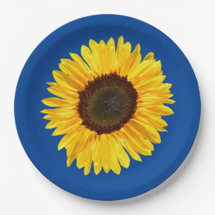 Assiettes En Carton Grand tournesol jaune sur Arrière - plan bleu