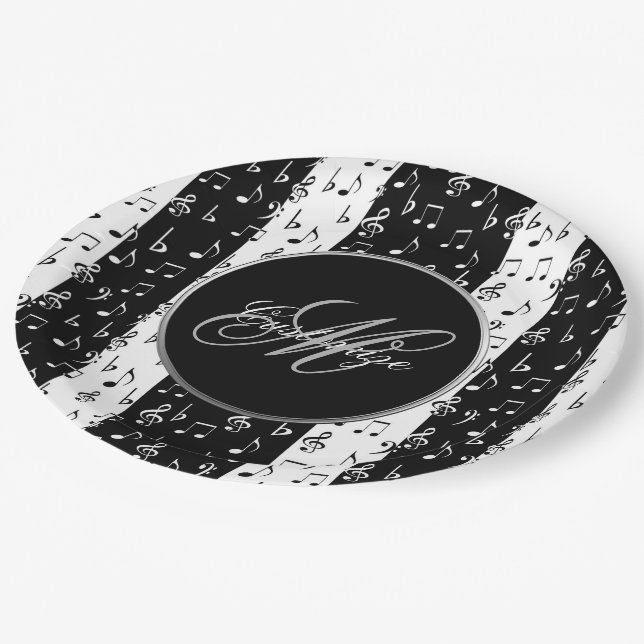 Assiettes En Carton Grandes bandes musicales noires et blanches monogr (Angle)