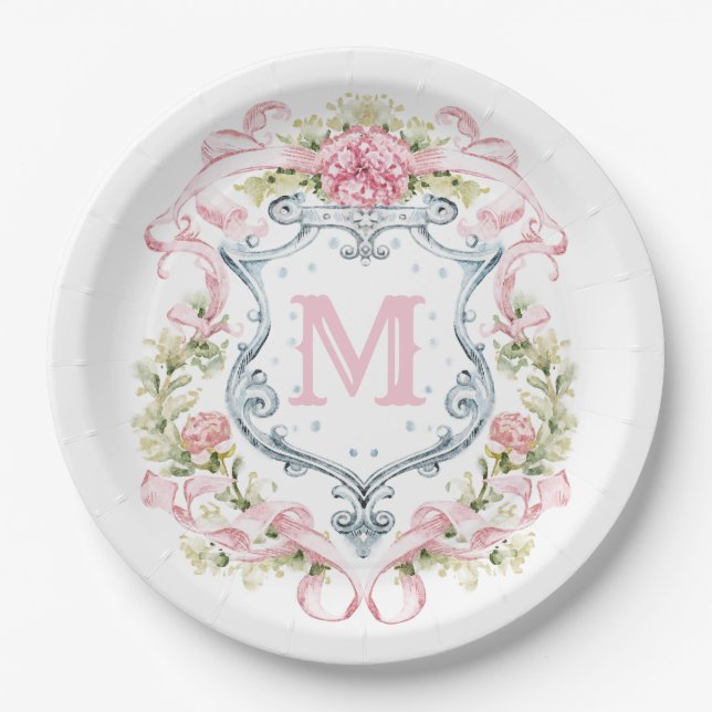 Assiettes En Carton Grandmillennial Floral Crest Monogram | Mariage  (Devant)