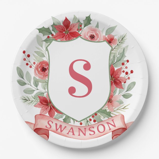 Assiettes En Carton Grandmillennial Holiday Crest | Christmas Monogram (Devant)