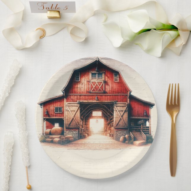 Assiettes En Carton Grange Rouge Ancienne Mariage Campagnard Rustique (Mariage)