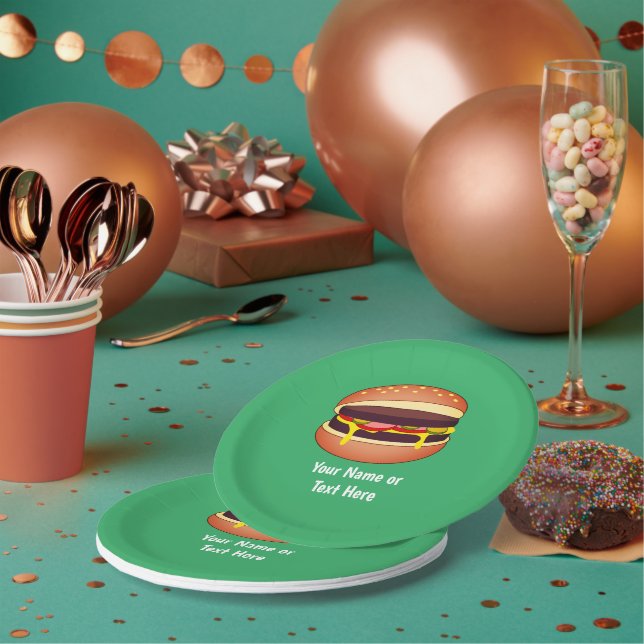 Assiettes En Carton Graphique Cheeseburger sur vert - Ajouter ses prop (Multi)