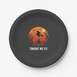 Assiettes En Carton Graphisme de sorcière d'Halloween volant la nuit_1