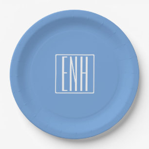 Assiettes En Carton Gras moderne 3 initiales Monogramme Bleu doux