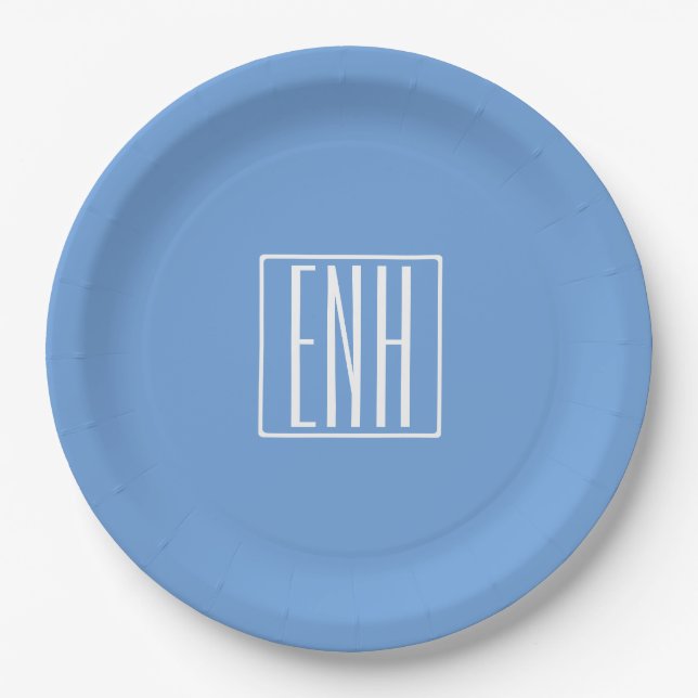 Assiettes En Carton Gras moderne 3 initiales Monogramme | Bleu doux (Devant)