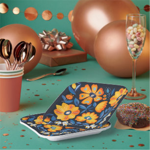 Assiettes En Carton Gras Retro Floral Illustration en orange et bleu