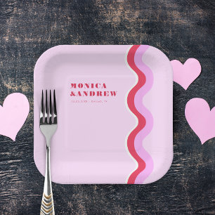 Assiettes En Carton Gras Retro Wave esthétique rose et Mariage rouge