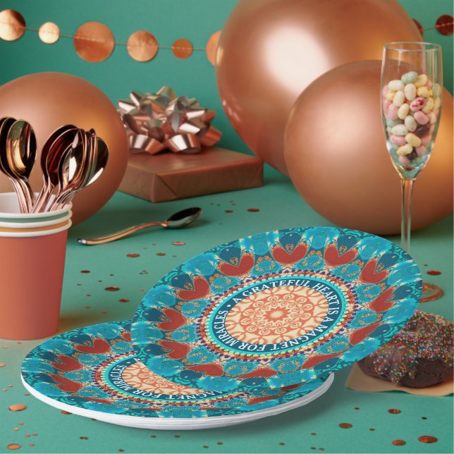 Assiettes En Carton Gratitude Aqua Turquoise Mandala Devis personnalis (Multi)