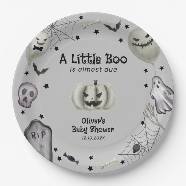 Assiettes En Carton Gray Little Boo Ghost Halloween Baby shower garçon (Devant)
