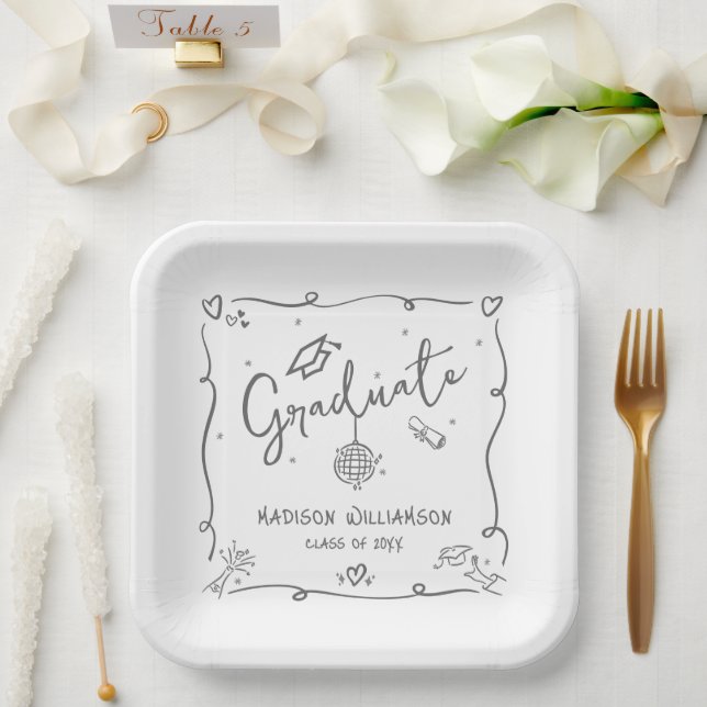 Assiettes En Carton Gray White Hand Drawn Doodles Graduation Fun Retro (Mariage)