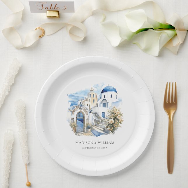 Assiettes En Carton Grèce Aquarelle Personnalisée Minimale Mariage (Mariage)