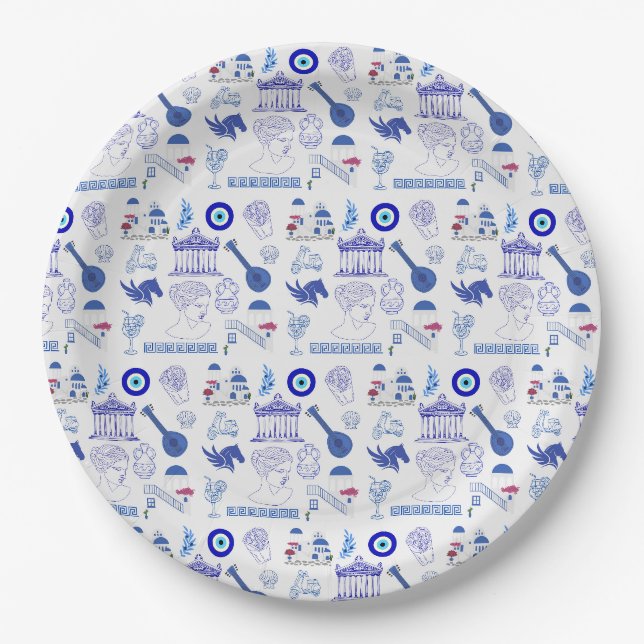 Assiettes En Carton Grèce Bleu et Blanc (Devant)