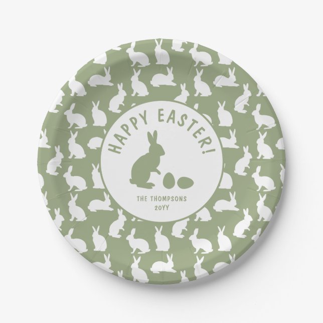 Assiettes En Carton Green And White Bunny Pattern Happy Easter (Devant)
