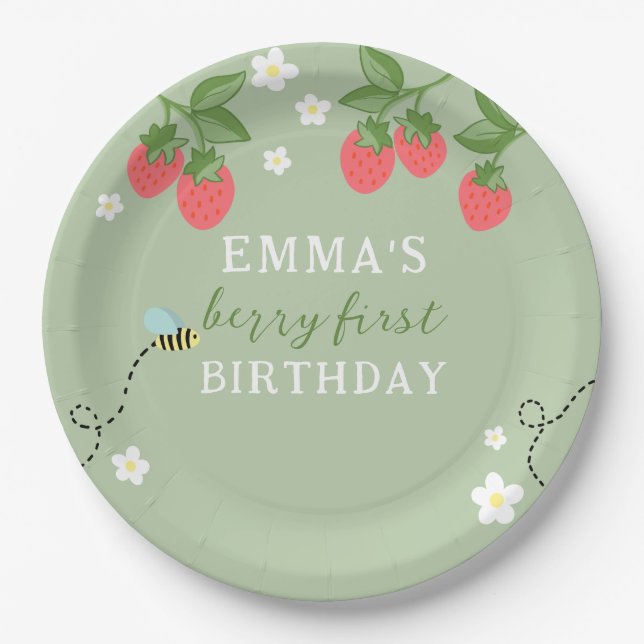 Assiettes En Carton Green Berry First Pink Strawberry and Flowers (Devant)