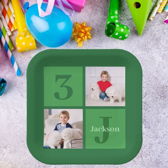Assiettes En Carton Green Birthday Photo Collage Parti personnalisé (Créateur téléchargé)