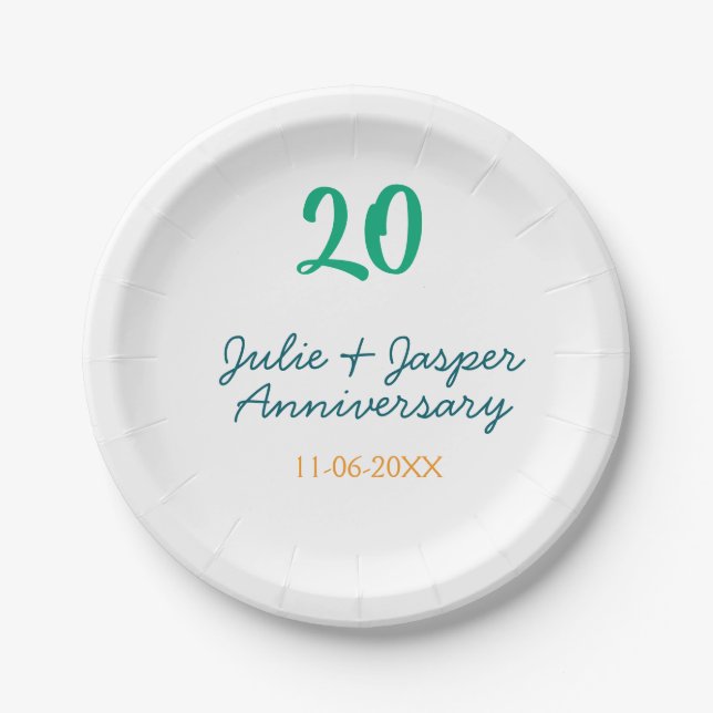 Assiettes En Carton Green blue 20th anniversary name date orange  (Devant)
